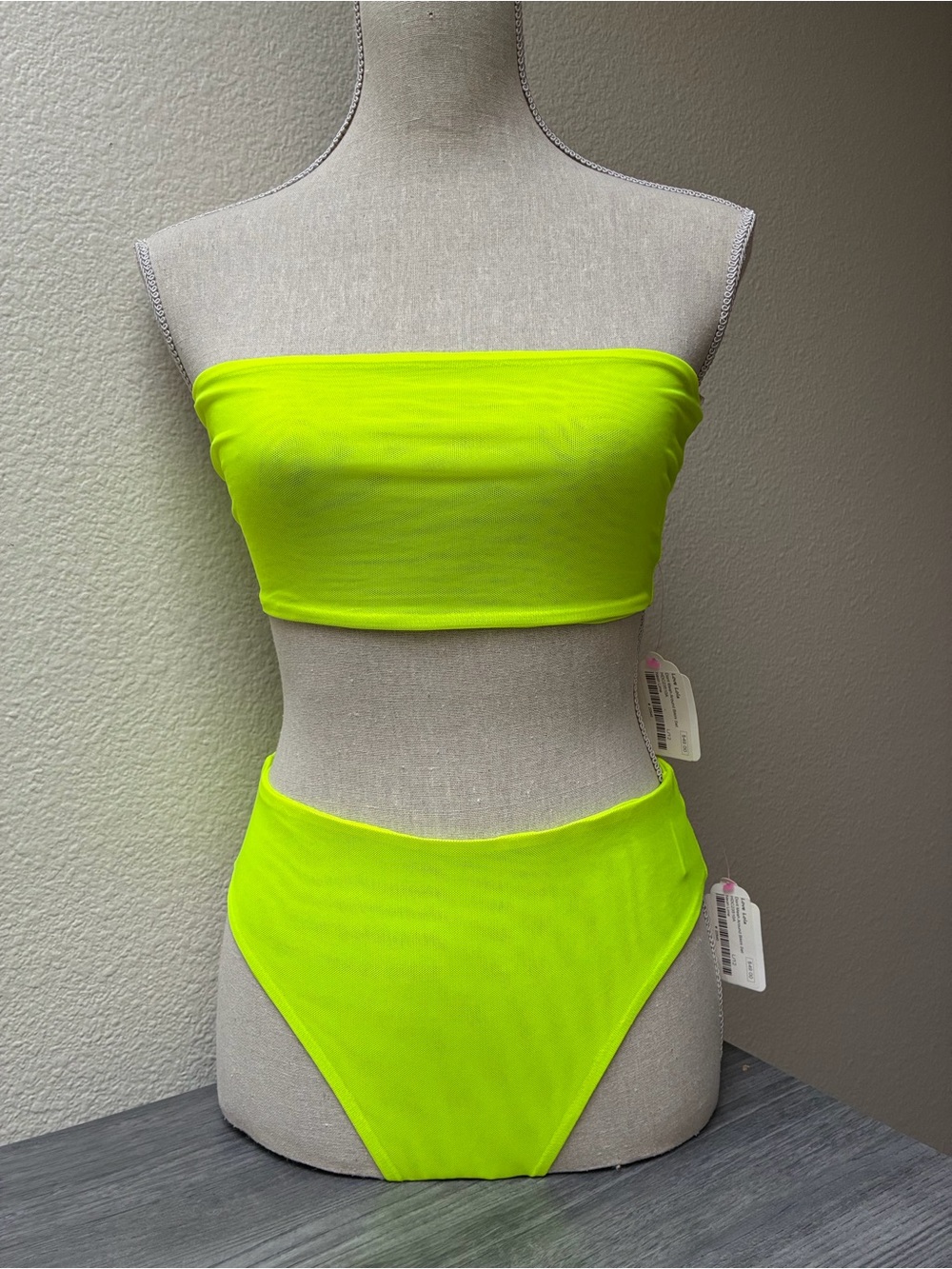 NWT Sheer Neon Yellow Green Bandeau Bikini or Dancewear Set, size Large